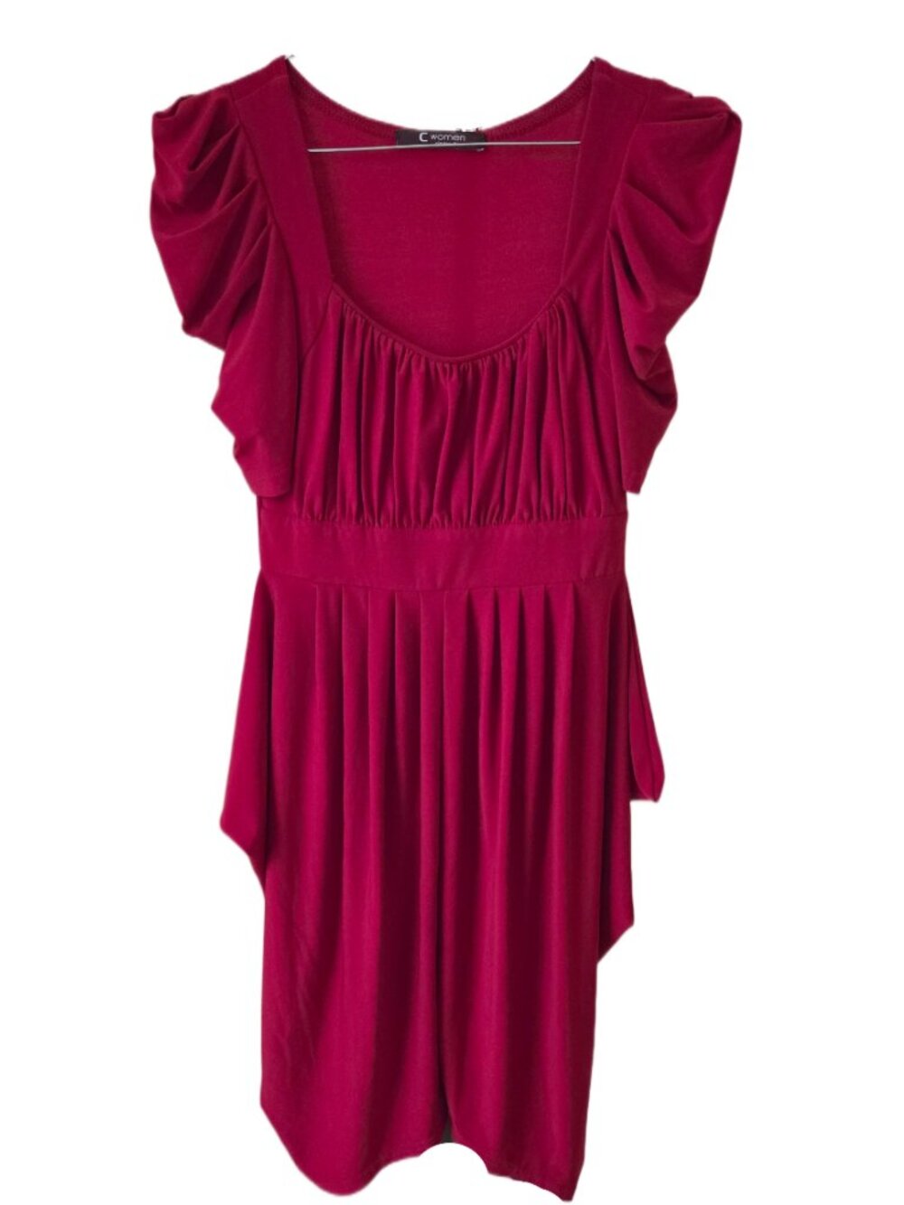 C Women Cinderella Red Ruched Tunic Dress with Ruffled Cap Sleeves